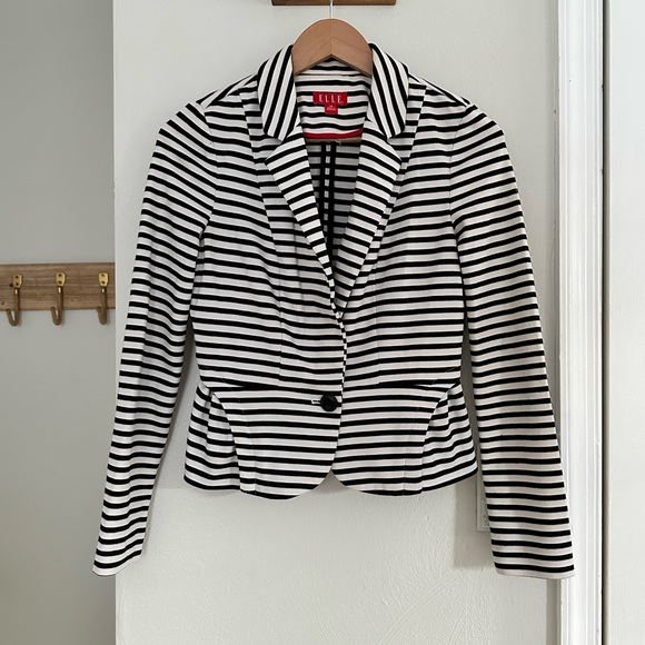 Elle black and white wide striped single button peplum hem blazer sz: XS - Picture 2 of 6